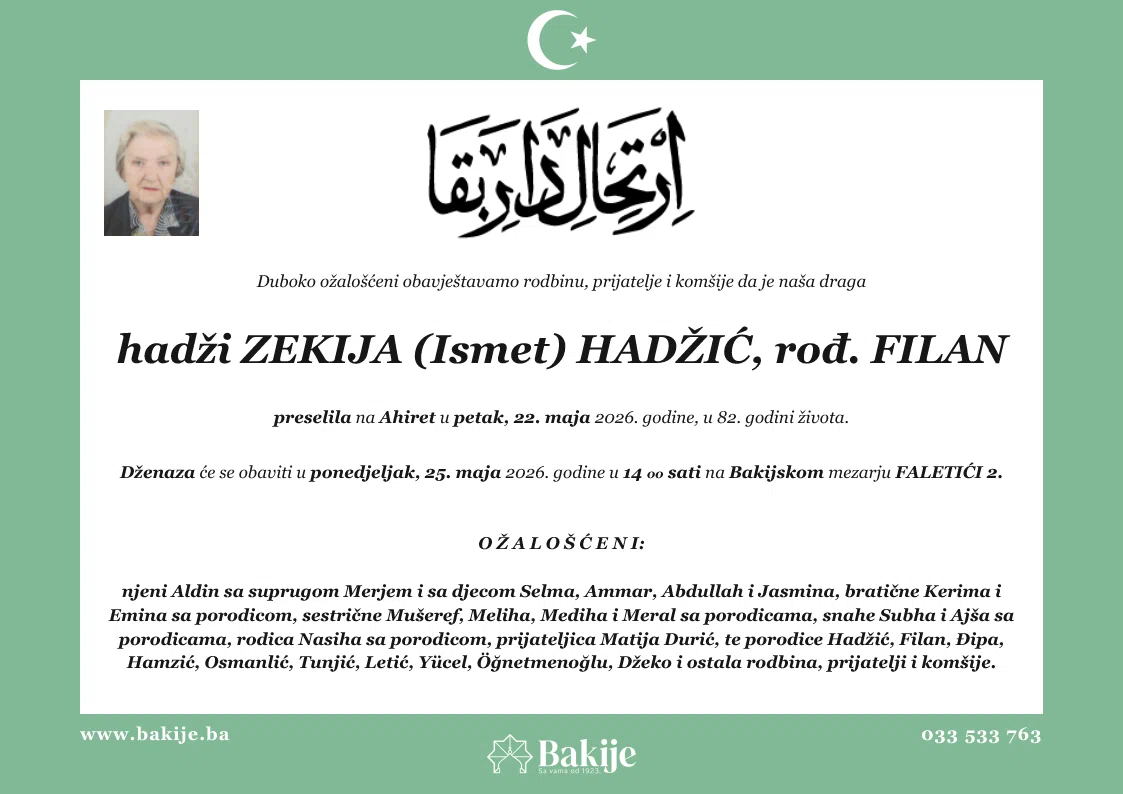 Smrtovnica — Hadži Zekija (Ismet) Hadžić, rođ. Filan