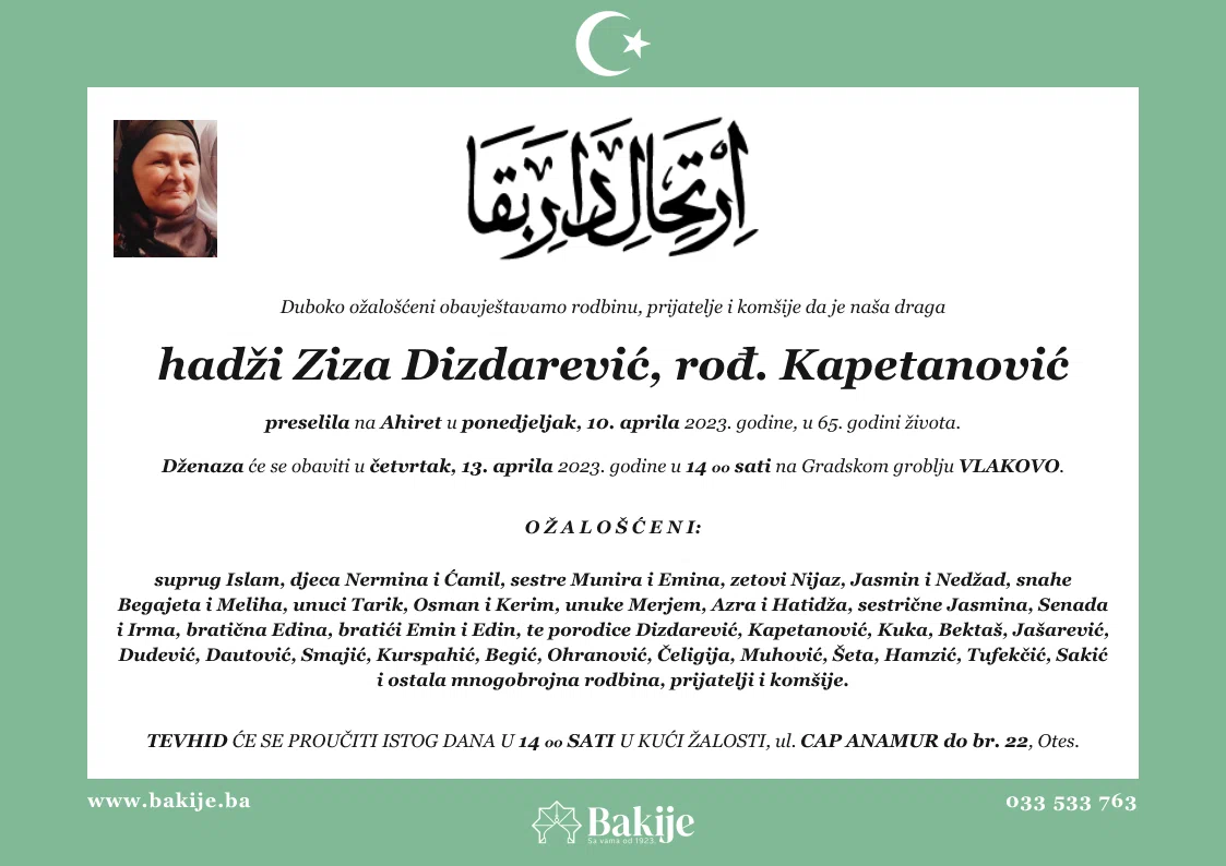 Smrtovnica — Hadži Ziza Dizdarević, rođ. Kapetanović