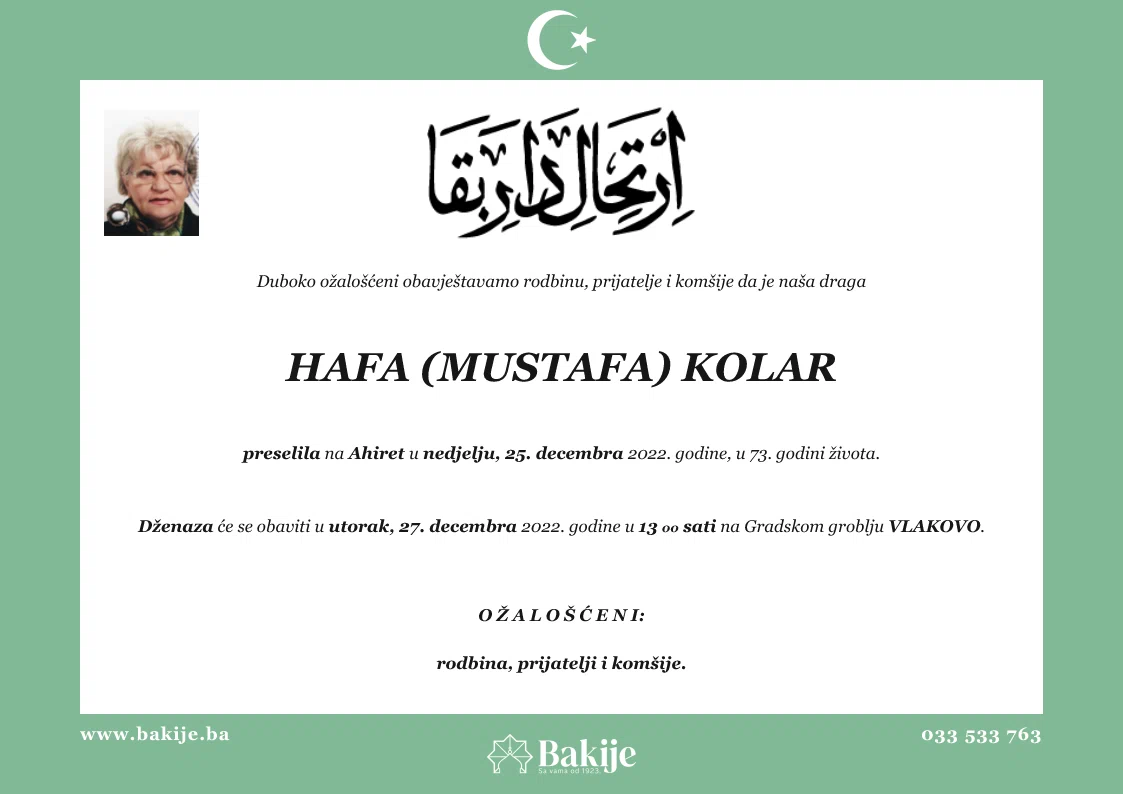 Smrtovnica — Hafa (Mustafa) Kolar