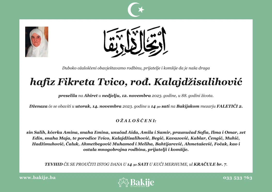 Smrtovnica — Hafiz Fikreta Tvico, rođ. Kalajdžisalihović