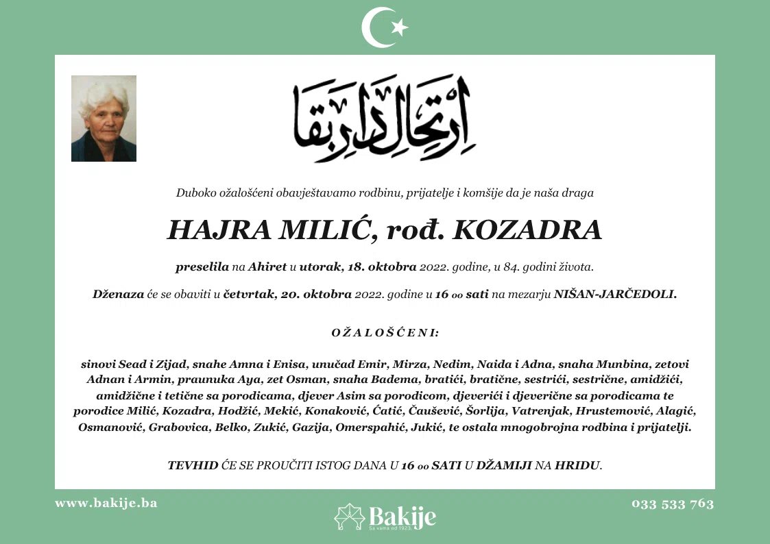 Smrtovnica — Hajra Milić, rođ. Kozadra