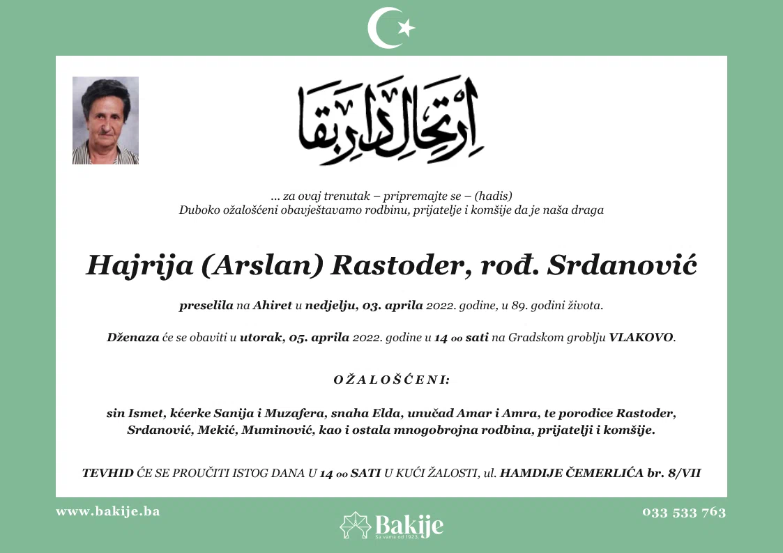 Smrtovnica — Hajrija (Arslan) Rastoder, rođ. Srdanović