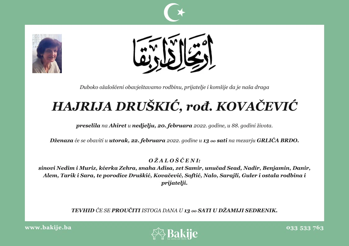 Smrtovnica — Hajrija Druškić, rođ. Kovačević