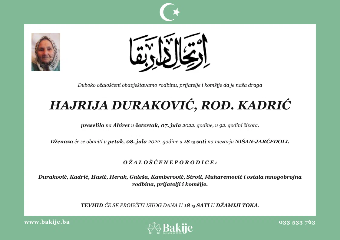 Smrtovnica — Hajrija Duraković, rođ. Kadrić