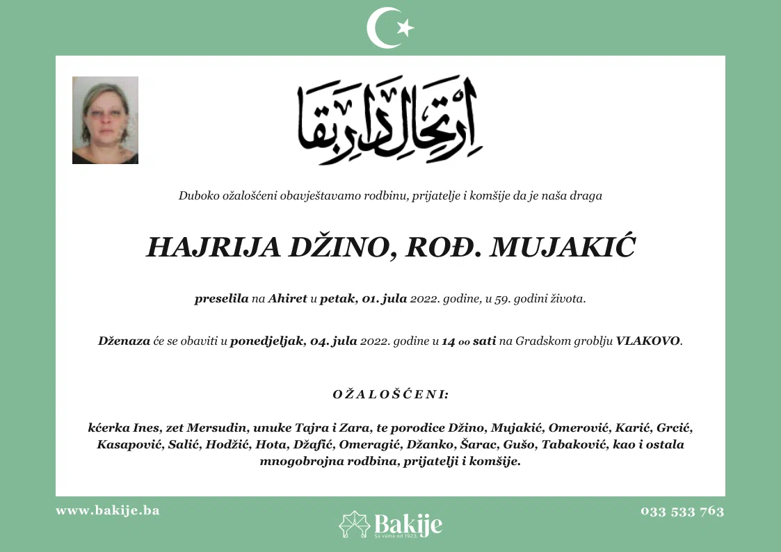 Smrtovnica — Hajrija Džino, rođ. Mujakić