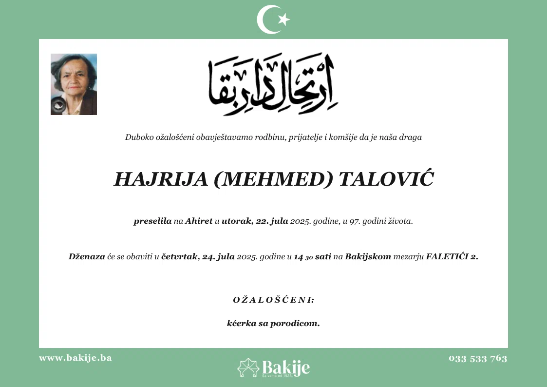 Smrtovnica — Hajrija (Mehmed) Talović