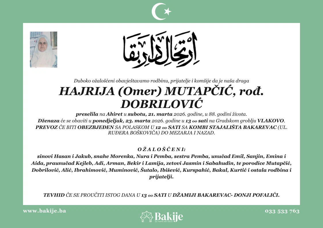 Smrtovnica — Hajrija (Omer) Mutapčić, rođ. Dobrilović