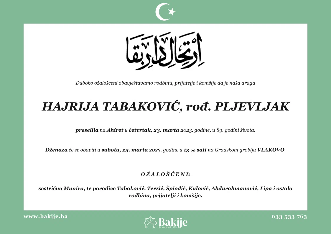 Smrtovnica — Hajrija Tabaković, rođ. Pljevljak