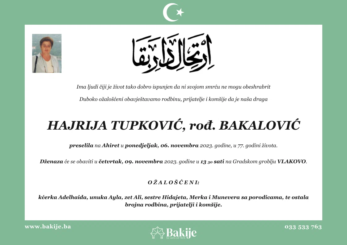 Smrtovnica — Hajrija Tupković, rođ. Bakalović