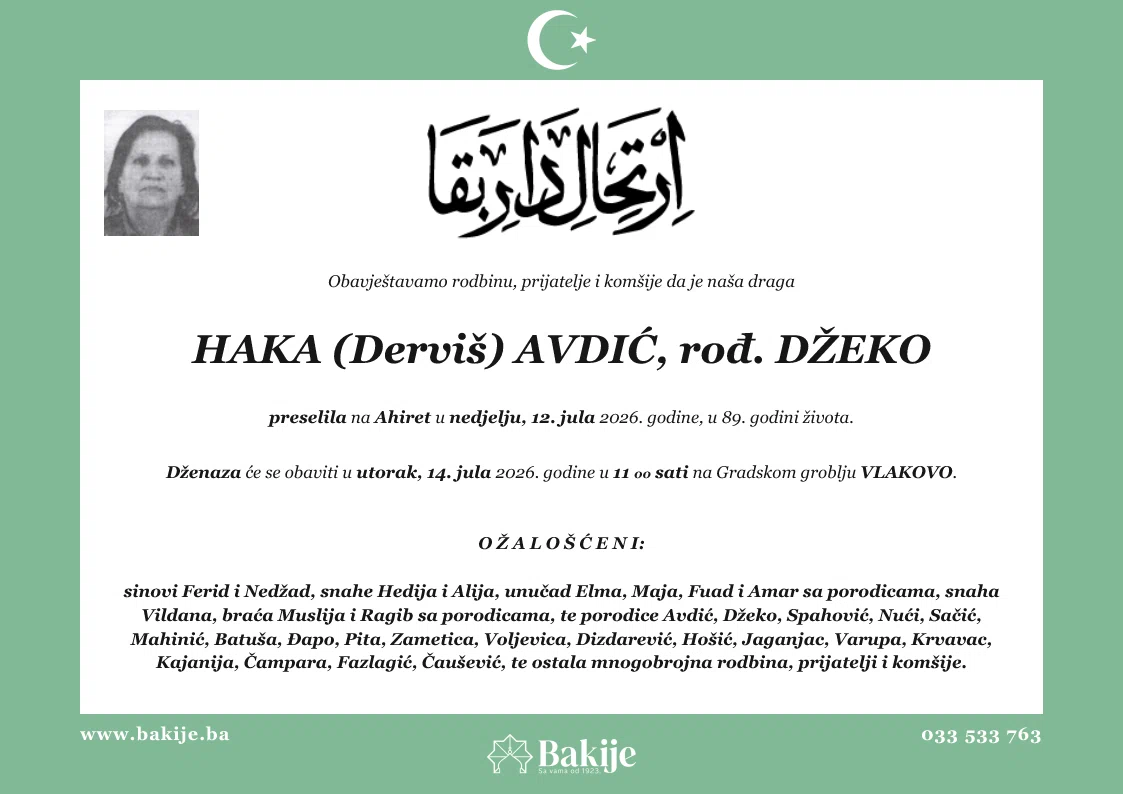 Smrtovnica — Haka (Derviš) Avdić, rođ. Džeko