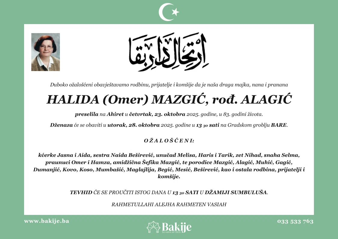 Smrtovnica — Halida (Omer) Mazgić, rođ. Alagić