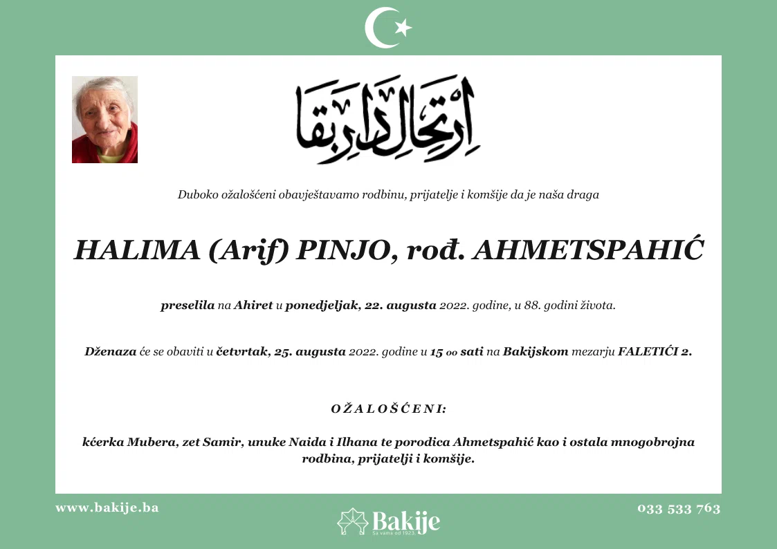 Smrtovnica — Halima (Arif) Pinjo, rođ. Ahmetspahić