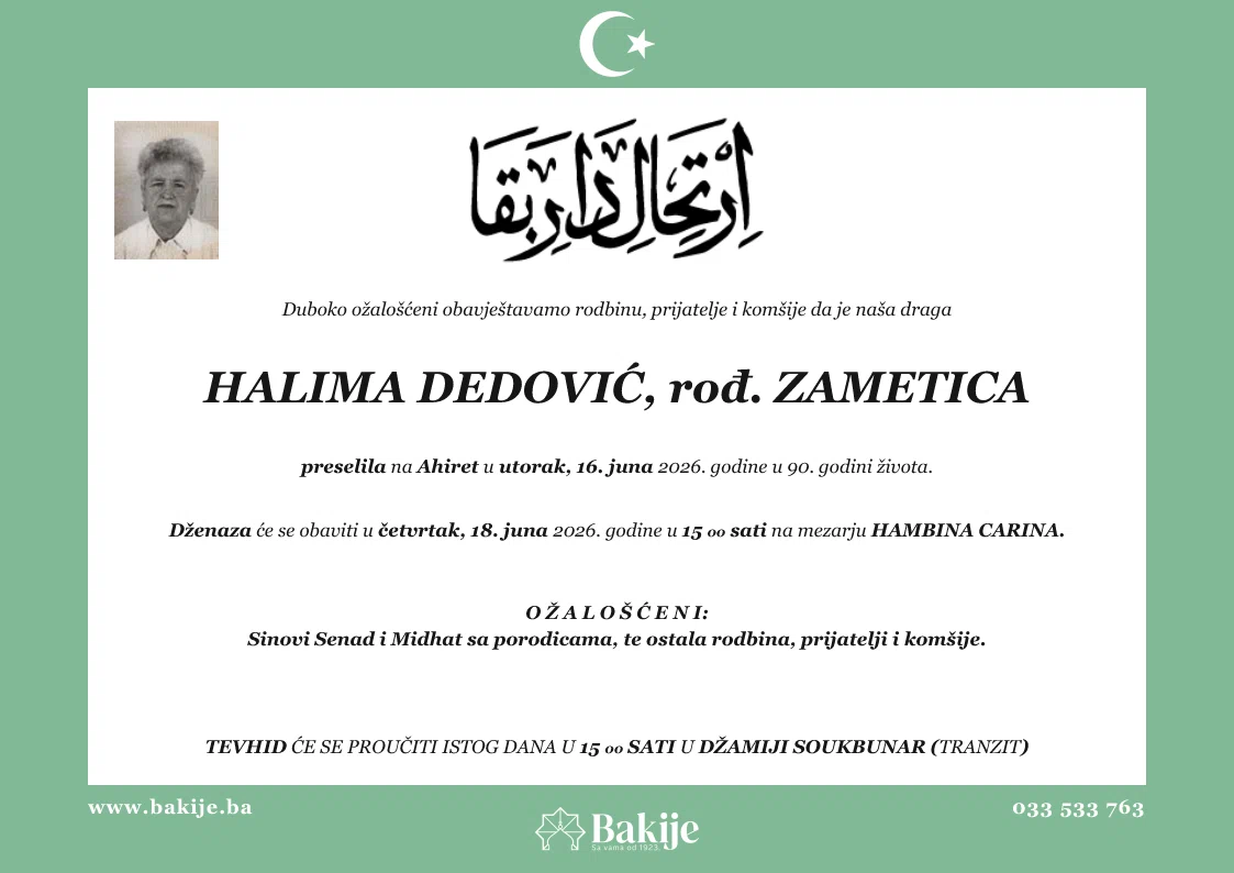 Smrtovnica — Halima Dedović, rođ. Zametica