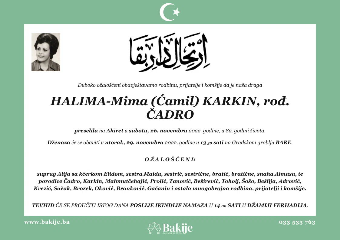 Smrtovnica — Halima-Mima (Ćamil) Karkin, rođ. Čadro