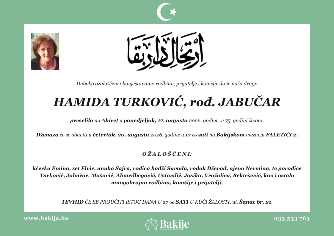 Smrtovnica — Hamida Turković, rođ. Jabučar