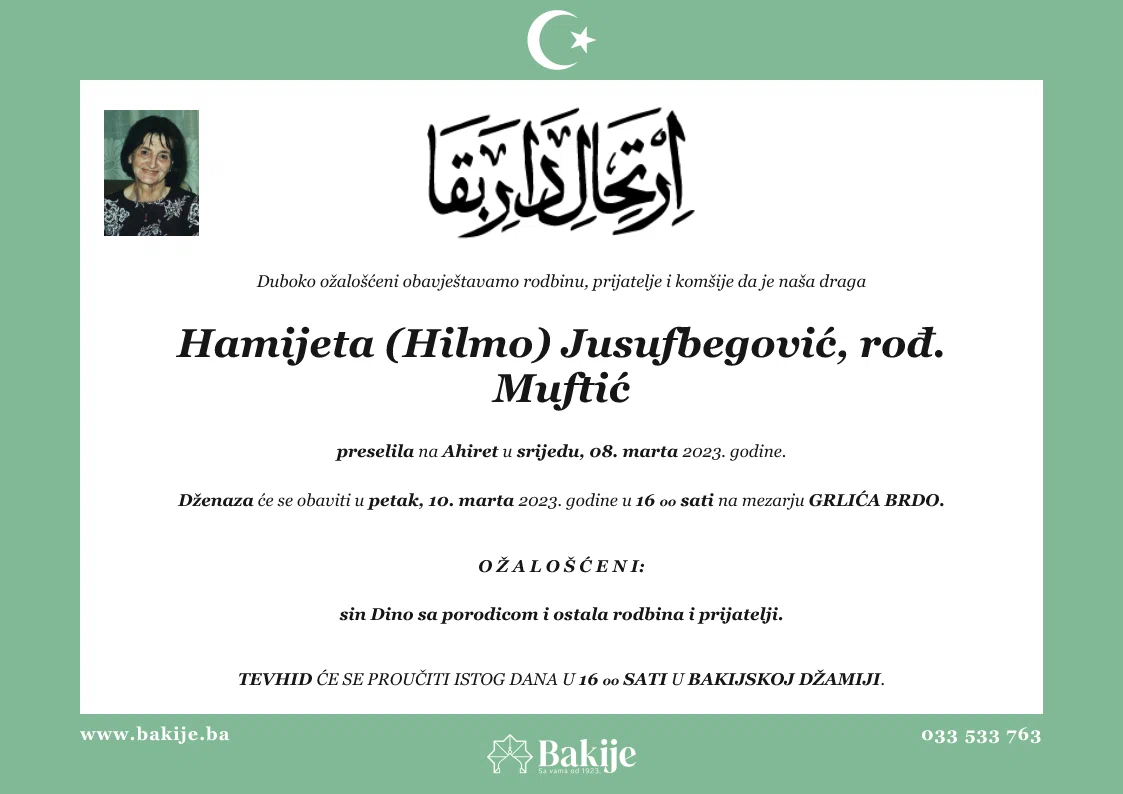 Smrtovnica — Hamijeta (Hilmo) Jusufbegović, rođ. Muftić