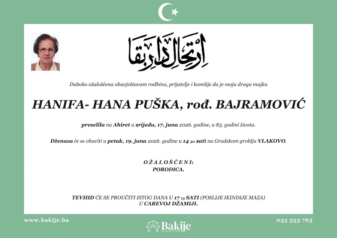 Smrtovnica — Hanifa- Hana Puška, rođ. Bajramović