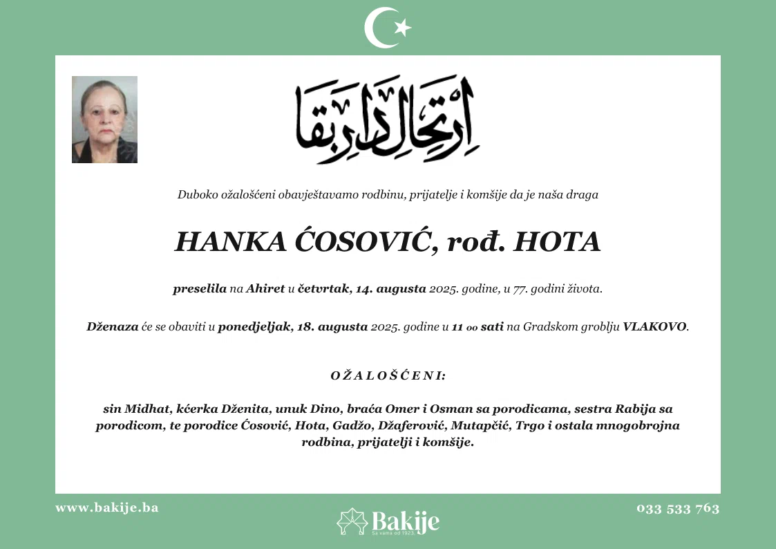 Smrtovnica — Hanka Ćosović, rođ. Hota