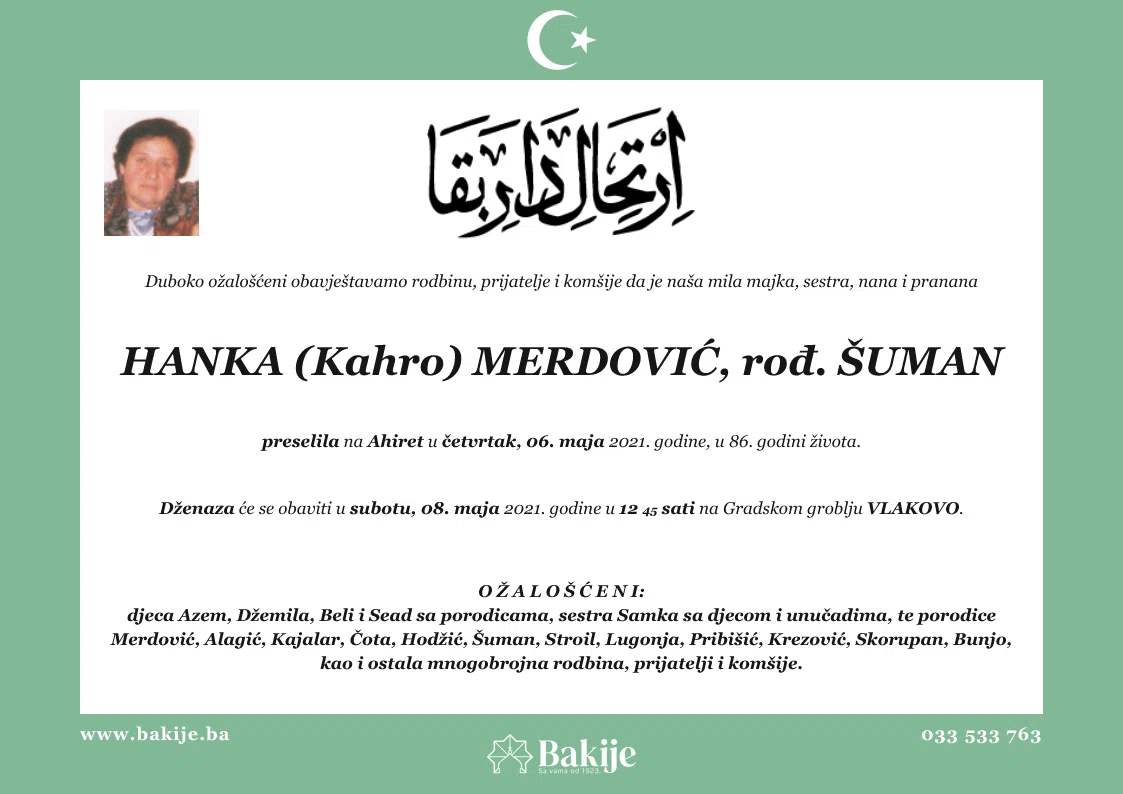 Smrtovnica — Hanka (Kahro) Merdović, rođ. Šuman