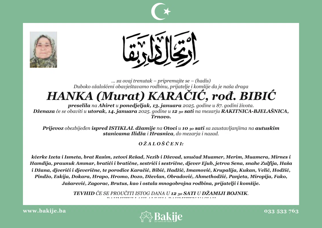 Smrtovnica — Hanka (Murat) Karačić, rođ. Bibić