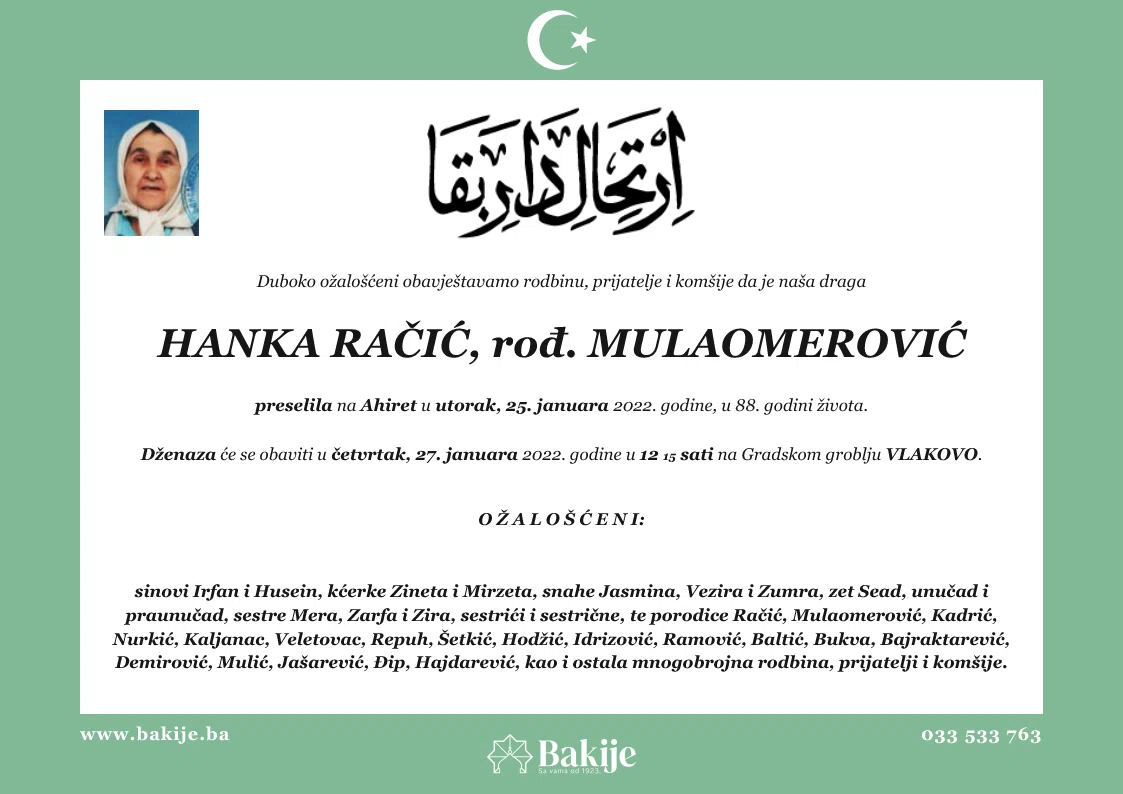 Smrtovnica — Hanka Račić, rođ. Mulaomerović