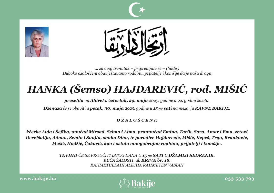 Smrtovnica — Hanka (Šemso) Hajdarević, rođ. Mišić
