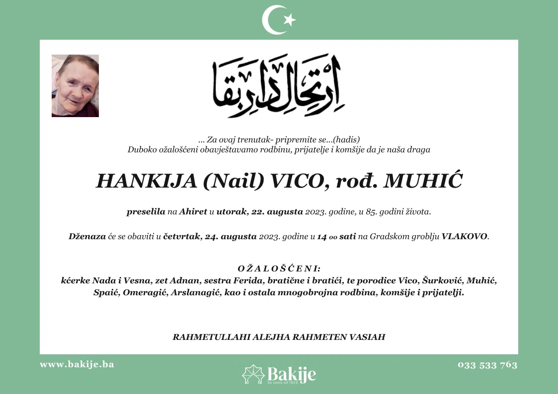 Smrtovnica — Hankija (Nail) Vico, rođ. Muhić