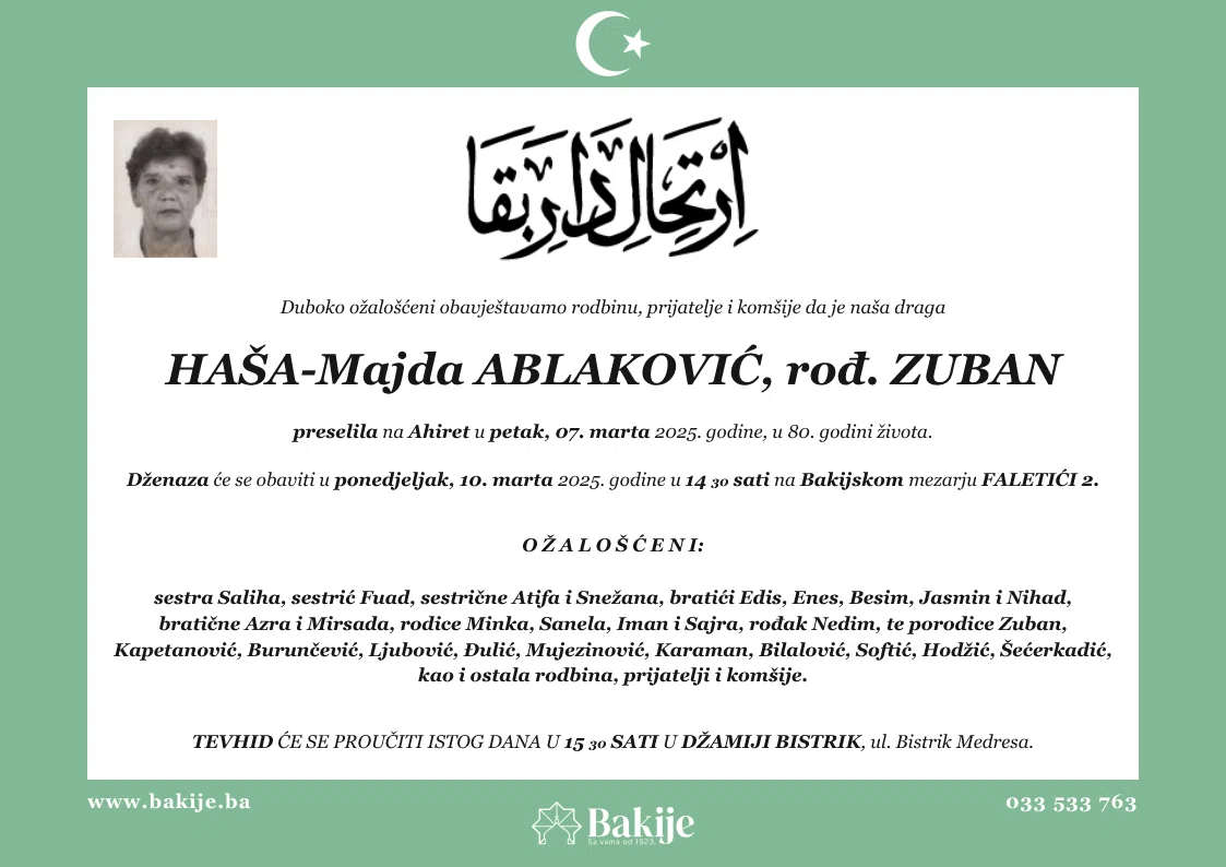 Smrtovnica — Haša-Majda Ablaković, rođ. Zuban