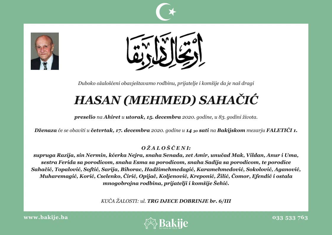 Smrtovnica — Hasan (Mehmed) Sahačić