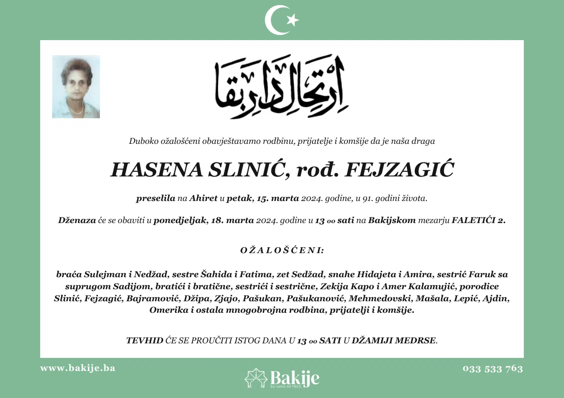 Smrtovnica — Hasena Slinić, rođ. Fejzagić