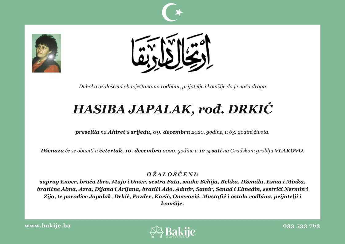Smrtovnica — Hasiba Japalak, rođ. Drkić