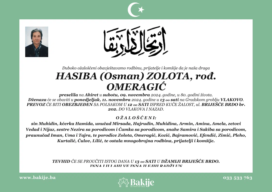 Smrtovnica — Hasiba (Osman) Zolota, rođ. Omeragić