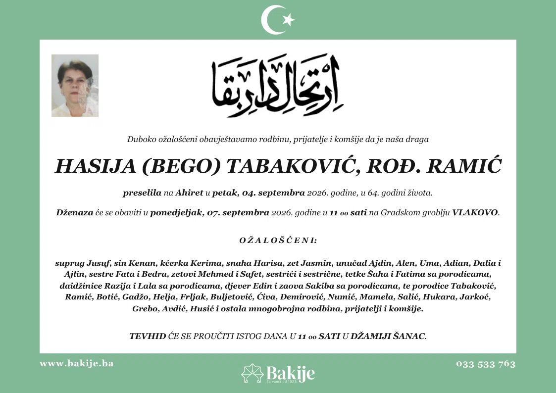 Smrtovnica — Hasija (Bego) Tabaković, rođ. Ramić