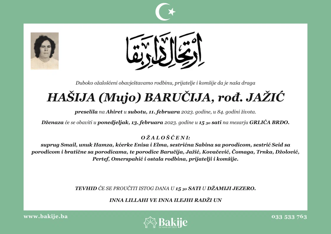 Smrtovnica — Hašija (Mujo) Baručija, rođ. Jažić