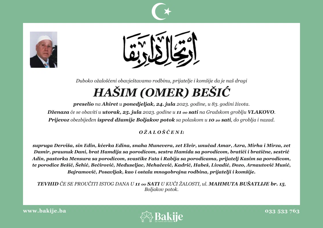 Smrtovnica — Hašim (Omer) Bešić