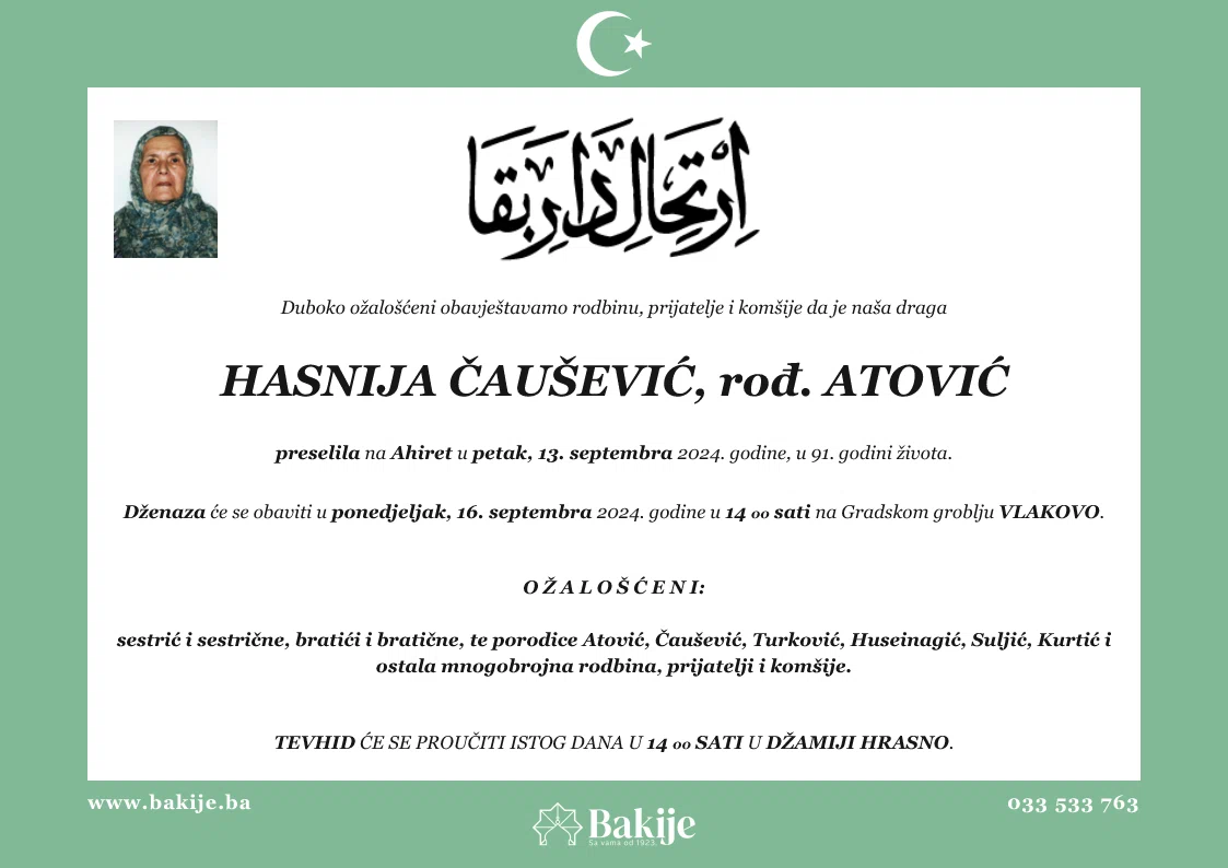 Smrtovnica — Hasnija Čaušević, rođ. Atović