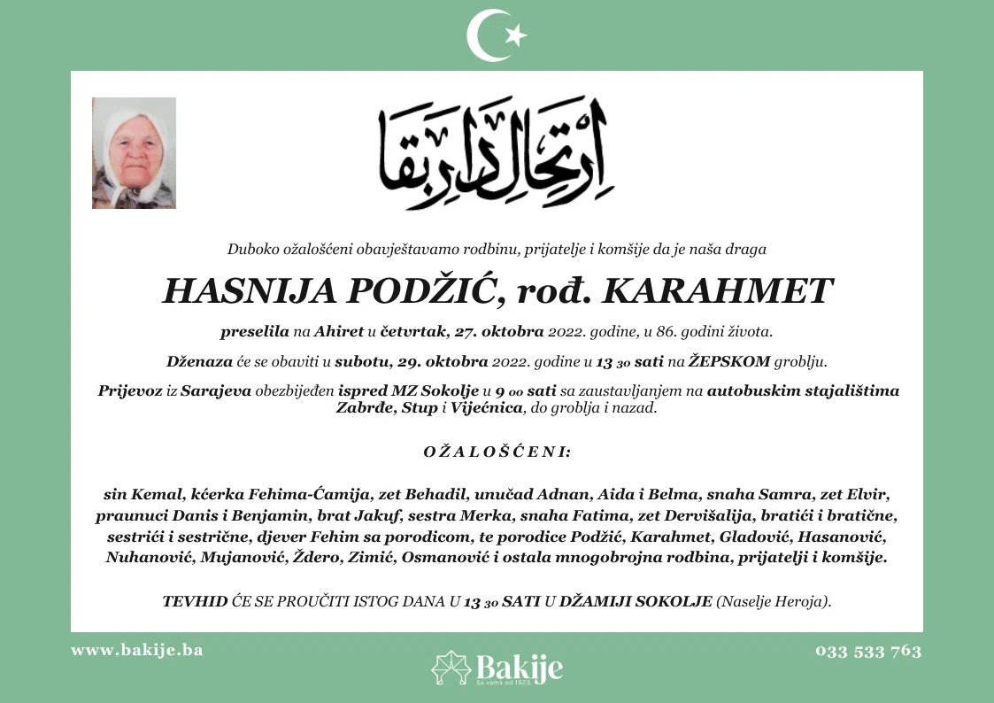 Smrtovnica — Hasnija Podžić, rođ. Karahmet