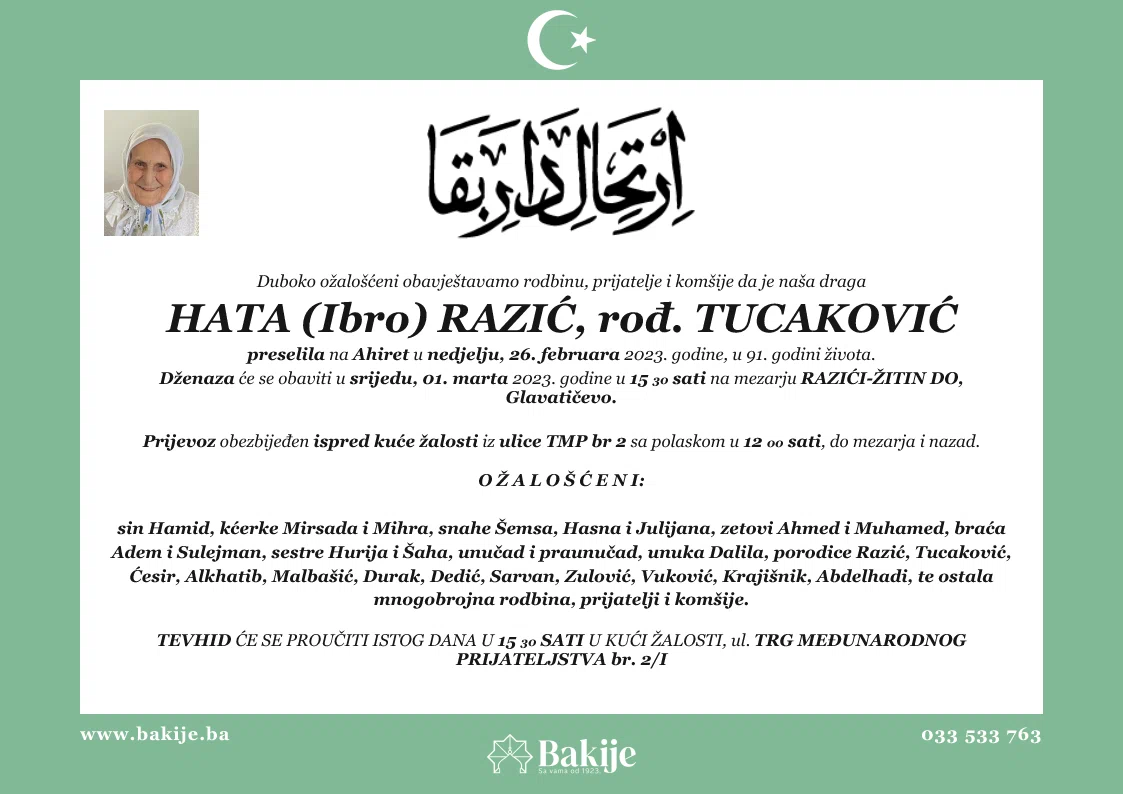 Smrtovnica — Hata (Ibro) Razić, rođ. Tucaković