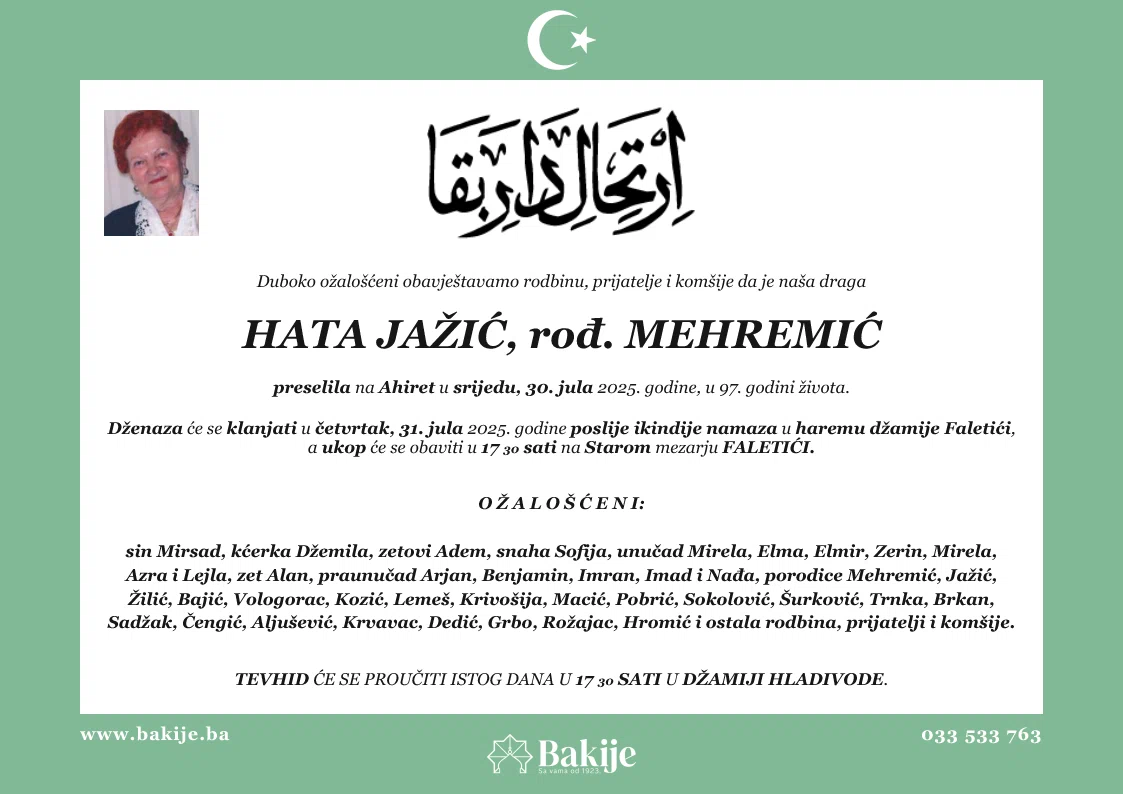 Smrtovnica — Hata Jažić, rođ. Mehremić