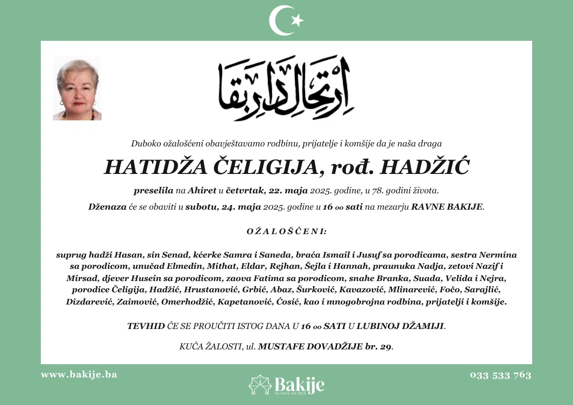 Smrtovnica — Hatidža Čeligija, rođ. Hadžić