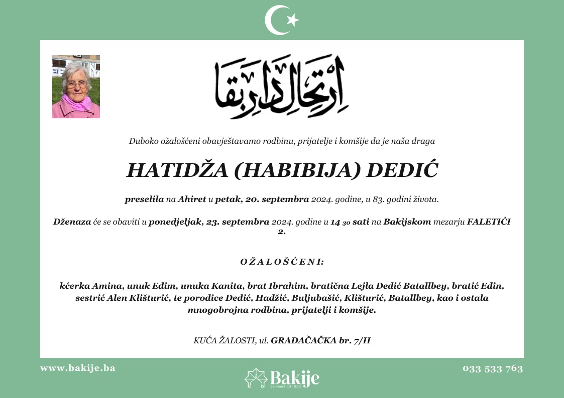 Smrtovnica — Hatidža (Habibija) Dedić