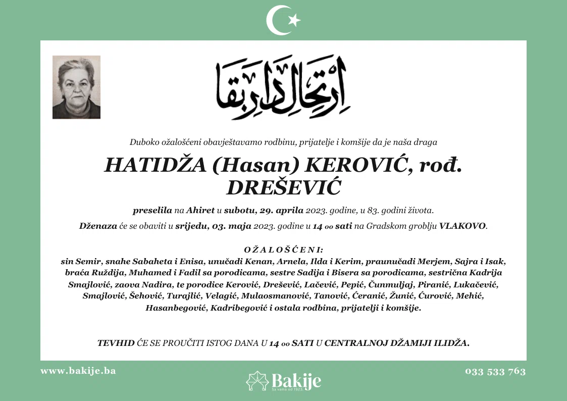 Smrtovnica — Hatidža (Hasan) Kerović, rođ. Drešević