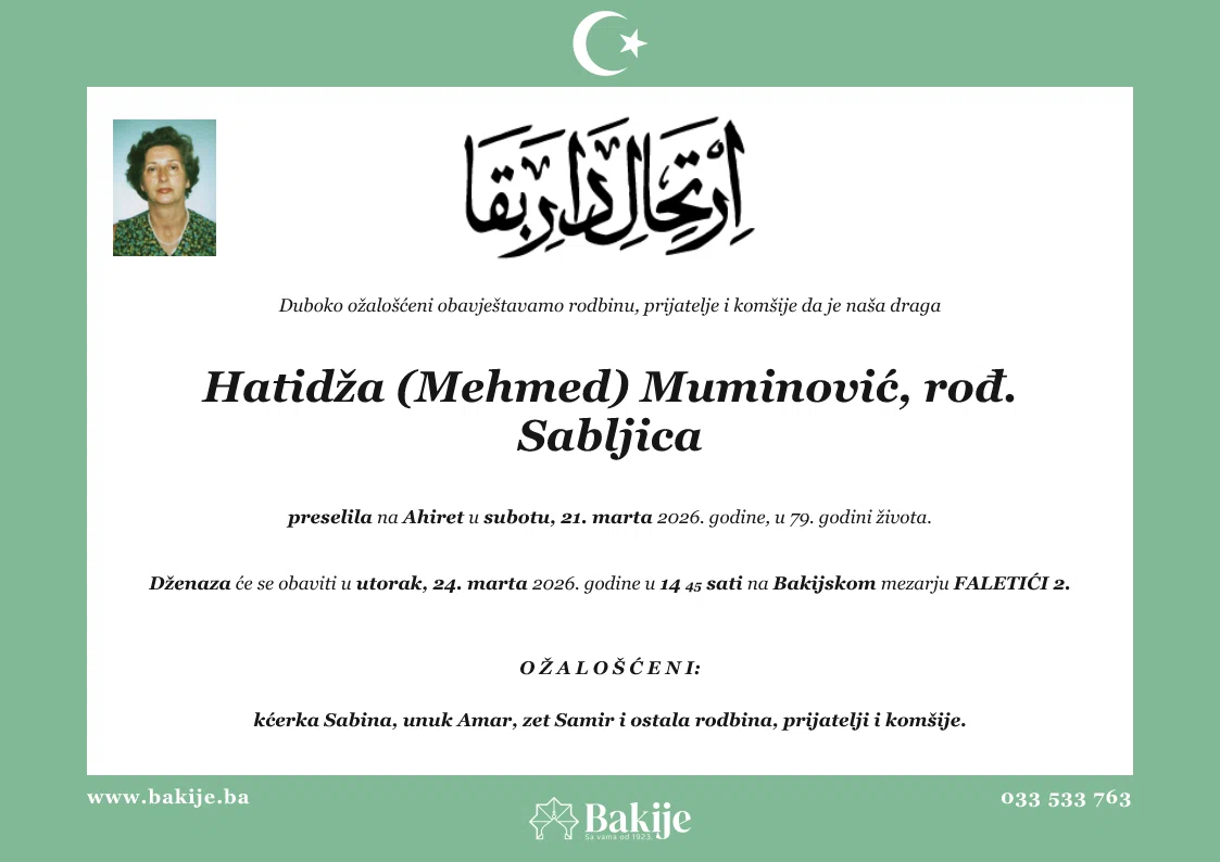 Smrtovnica — Hatidža (Mehmed) Muminović, rođ. Sabljica