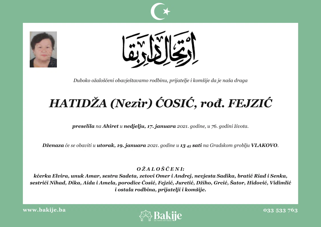 Smrtovnica — Hatidža (Nezir) Ćosić, rođ. Fejzić