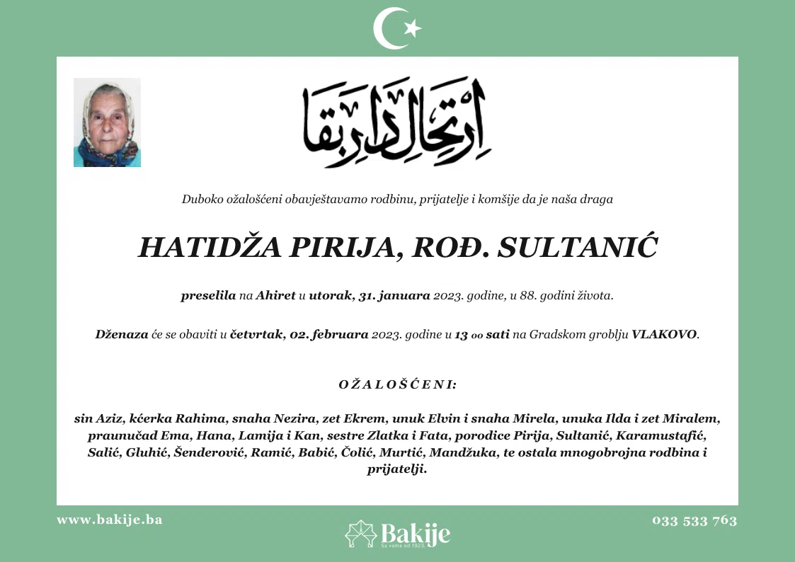 Smrtovnica — Hatidža Pirija, rođ. Sultanić