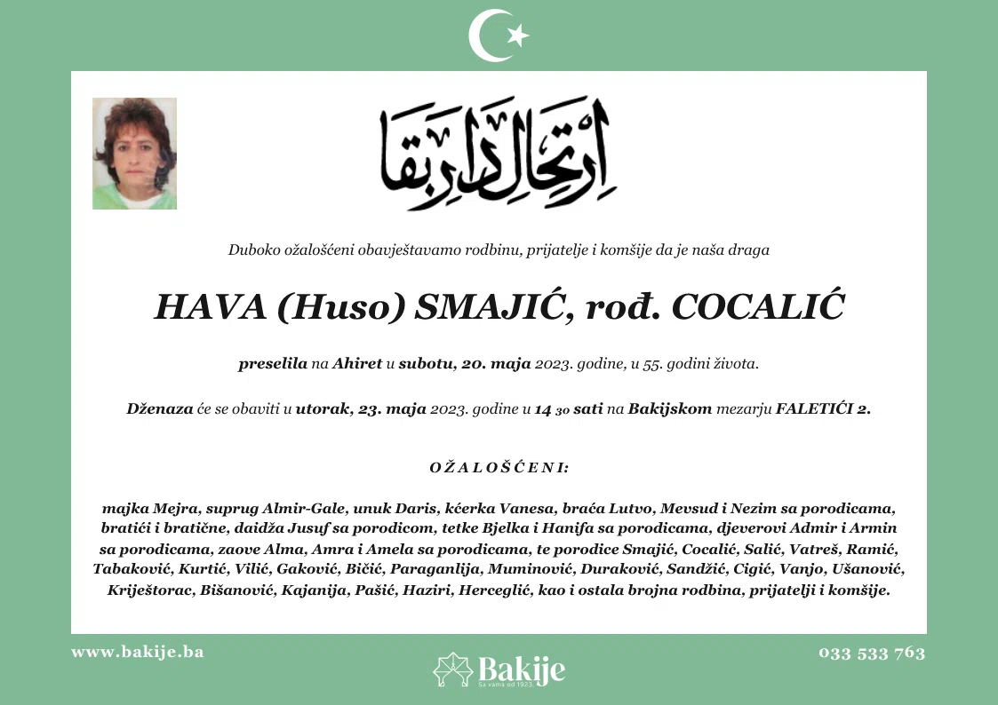 Smrtovnica — Hava (Huso) Smajić, rođ. Cocalić