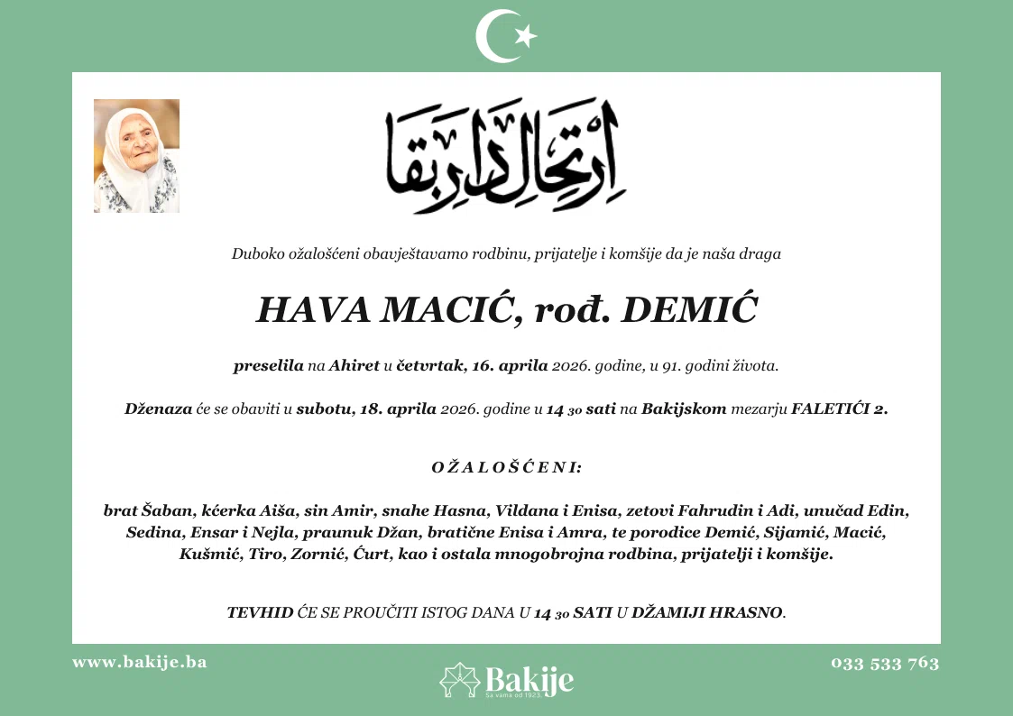 Smrtovnica — Hava Macić, rođ. Demić