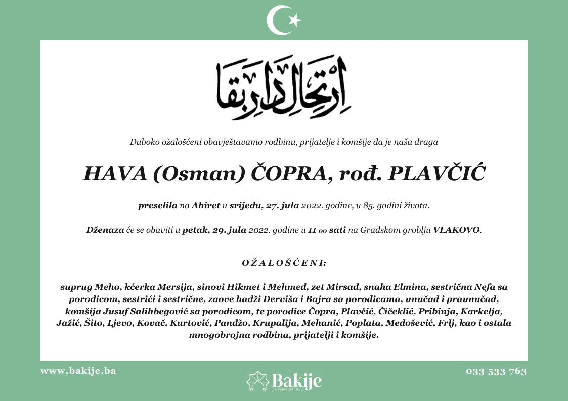 Smrtovnica — Hava (Osman) Čopra, rođ. Plavčić