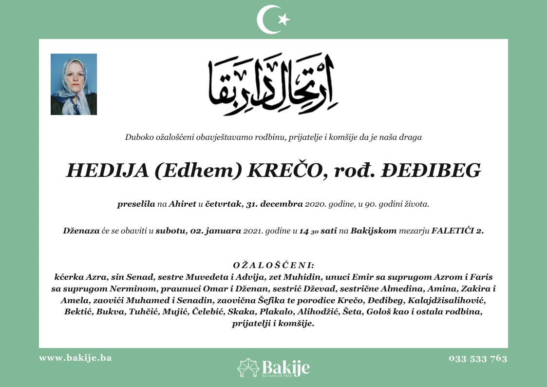 Smrtovnica — Hedija (Edhem) Krečo, rođ. Đeđibeg
