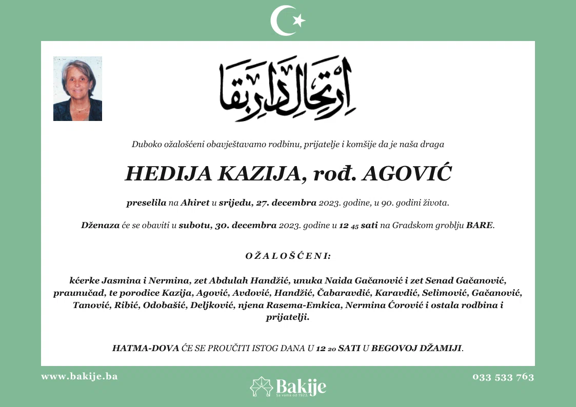 Smrtovnica — Hedija Kazija, rođ. Agović